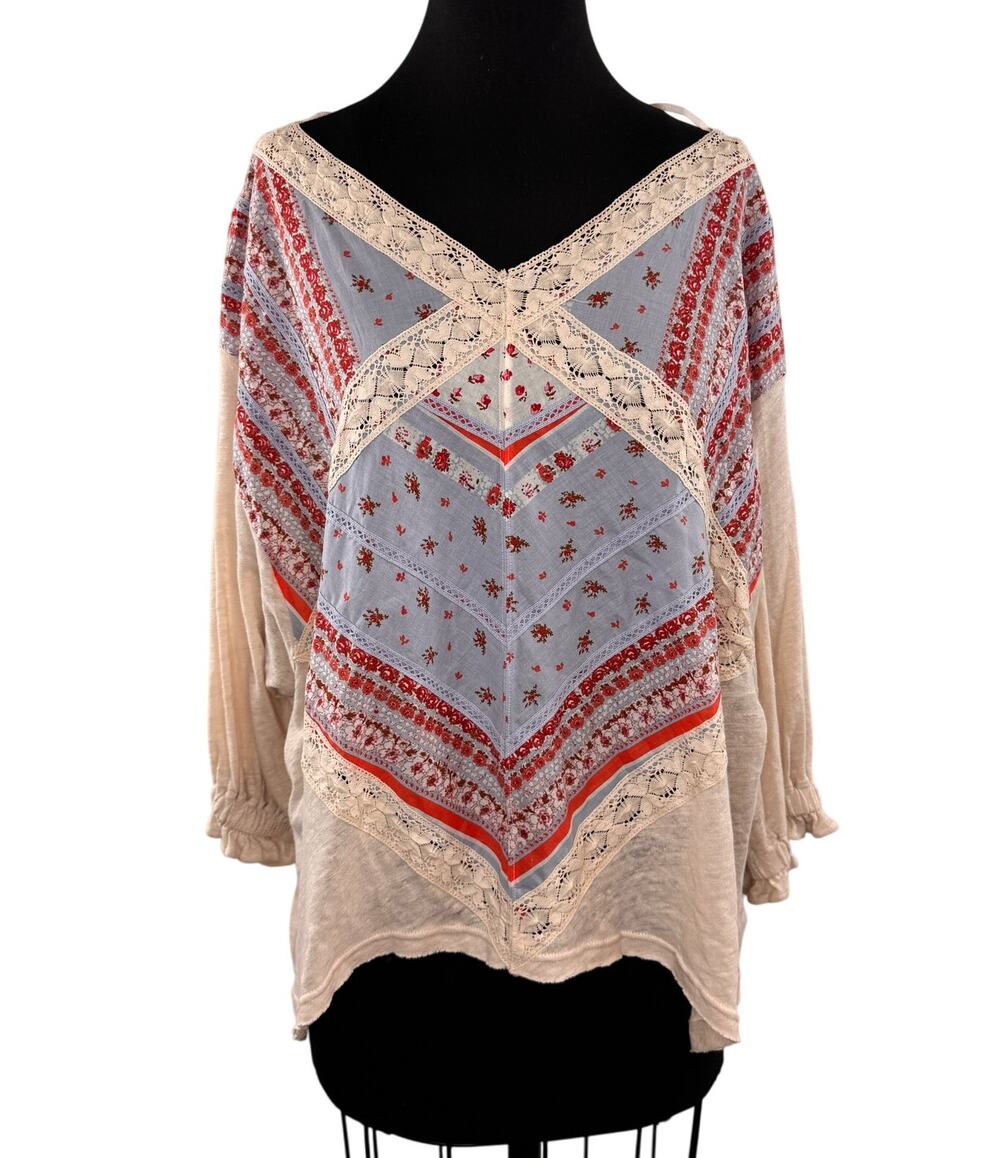 Free People Prairie Days Multi Blouse Linen Lace-Trim Dolman Sleeve Size Large L